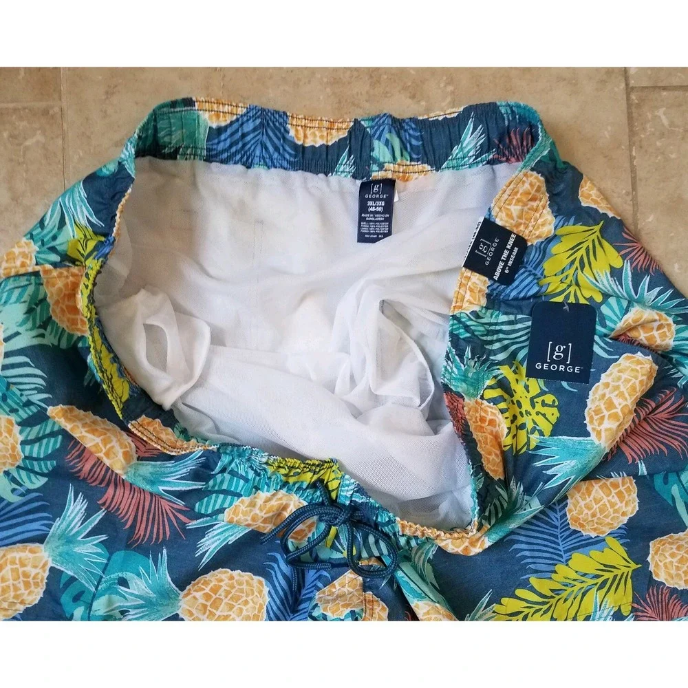 George Men Swim Shorts Trunks w/ Brief Pockets Pineapple Tropical 3X (48-50) NEW